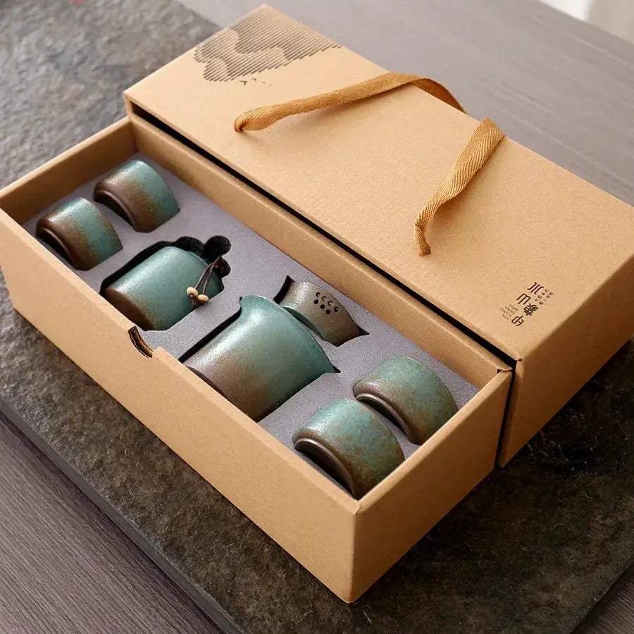Vintage Spring Green Pottery One Kettle One Cup with Lid 4 Mini Cups Tea Caddy, Simple Small Tea Set Handwork and Craftsmanship - ToylandEU