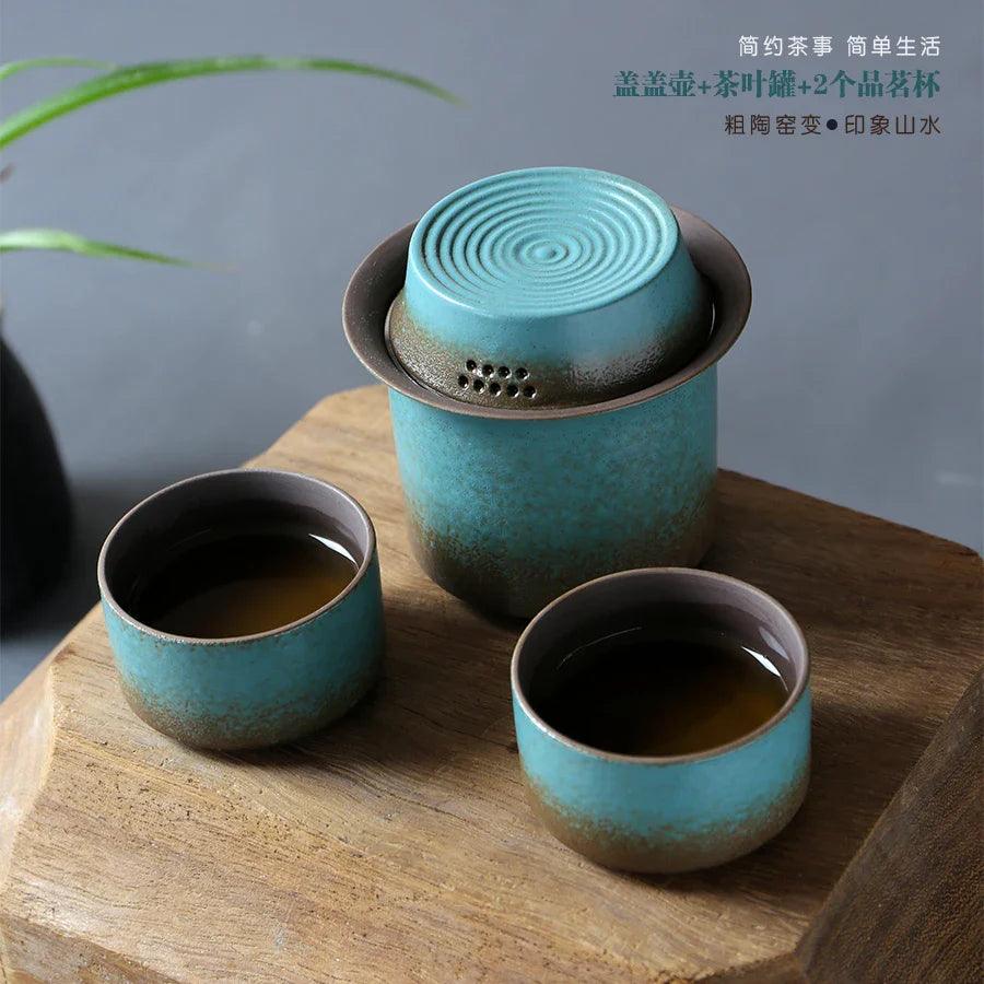  Vintage Spring Green Pottery Tea Set Handcrafted 