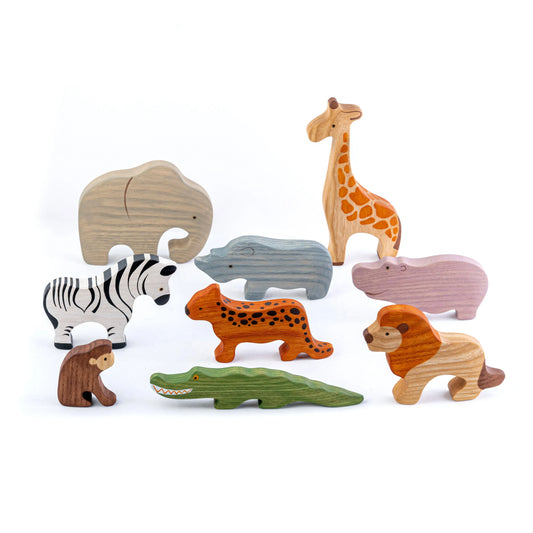 Waldorf Wooden Safari Animals Set of 9 Hand Painted - ToylandEU