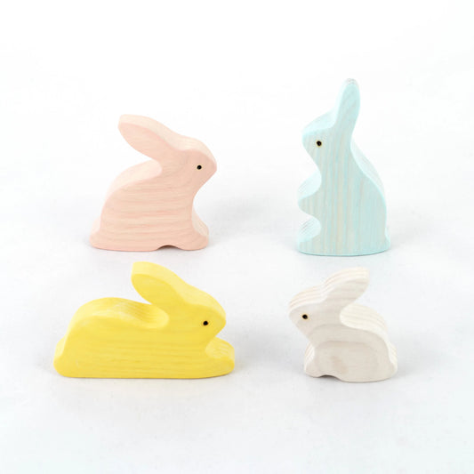Waldorf Wooden Bunny Rabbits Figurines Set Of 4 Handmade - ToylandEU