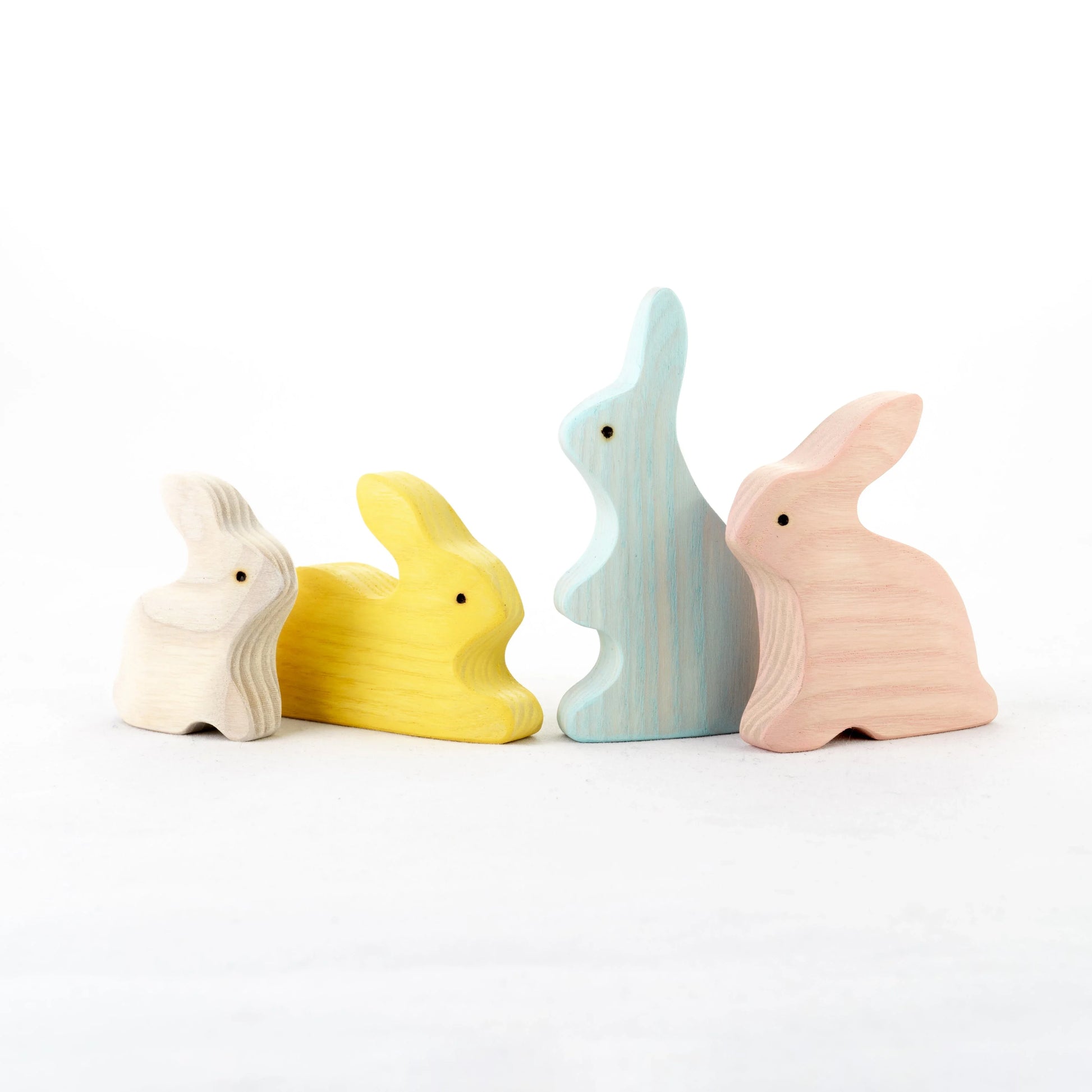 Waldorf Wooden Bunny Rabbits Figurines Set Of 4 Handmade - ToylandEU