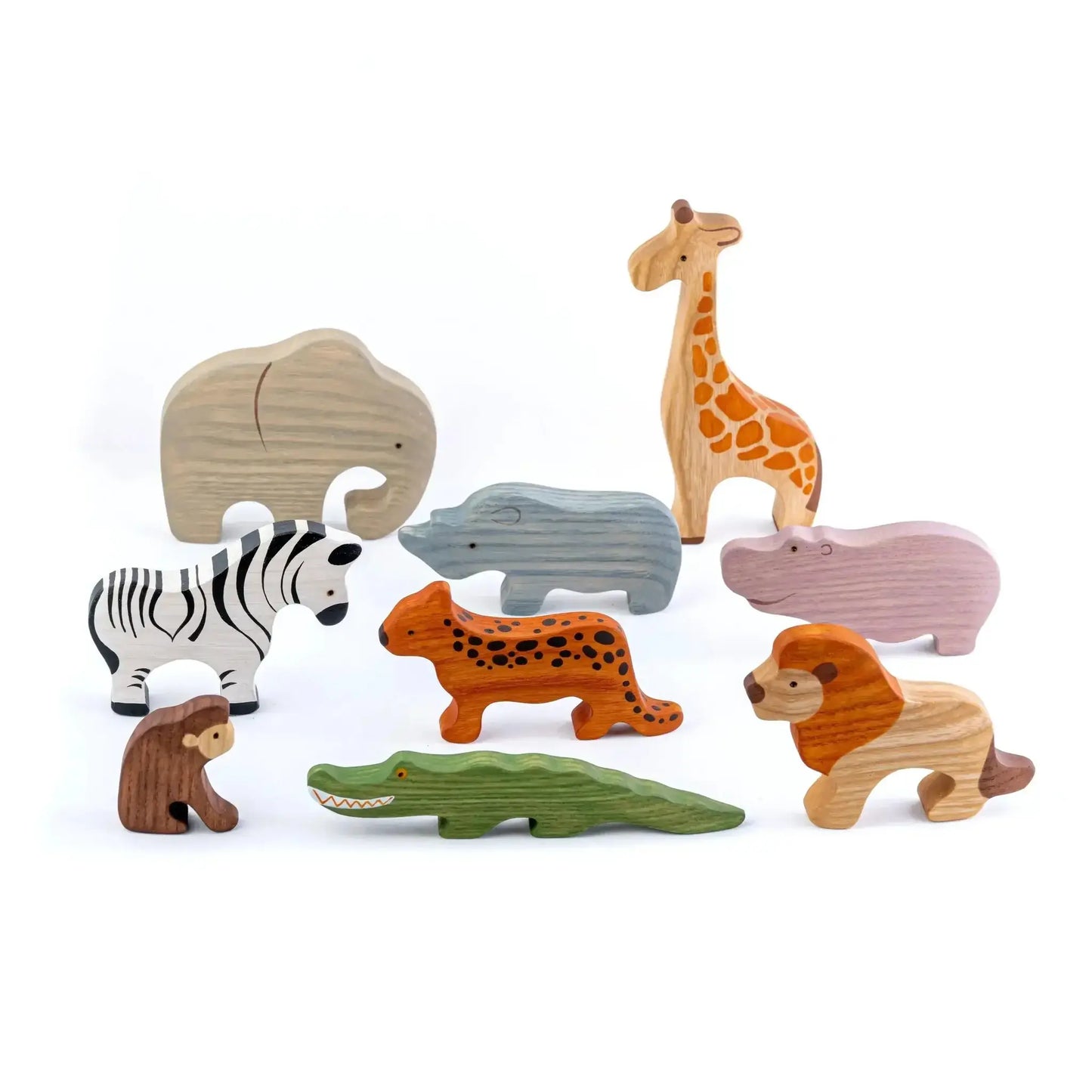 Waldorf Wooden Safari Animals Set Of 9 Hand Painted - ToylandEU