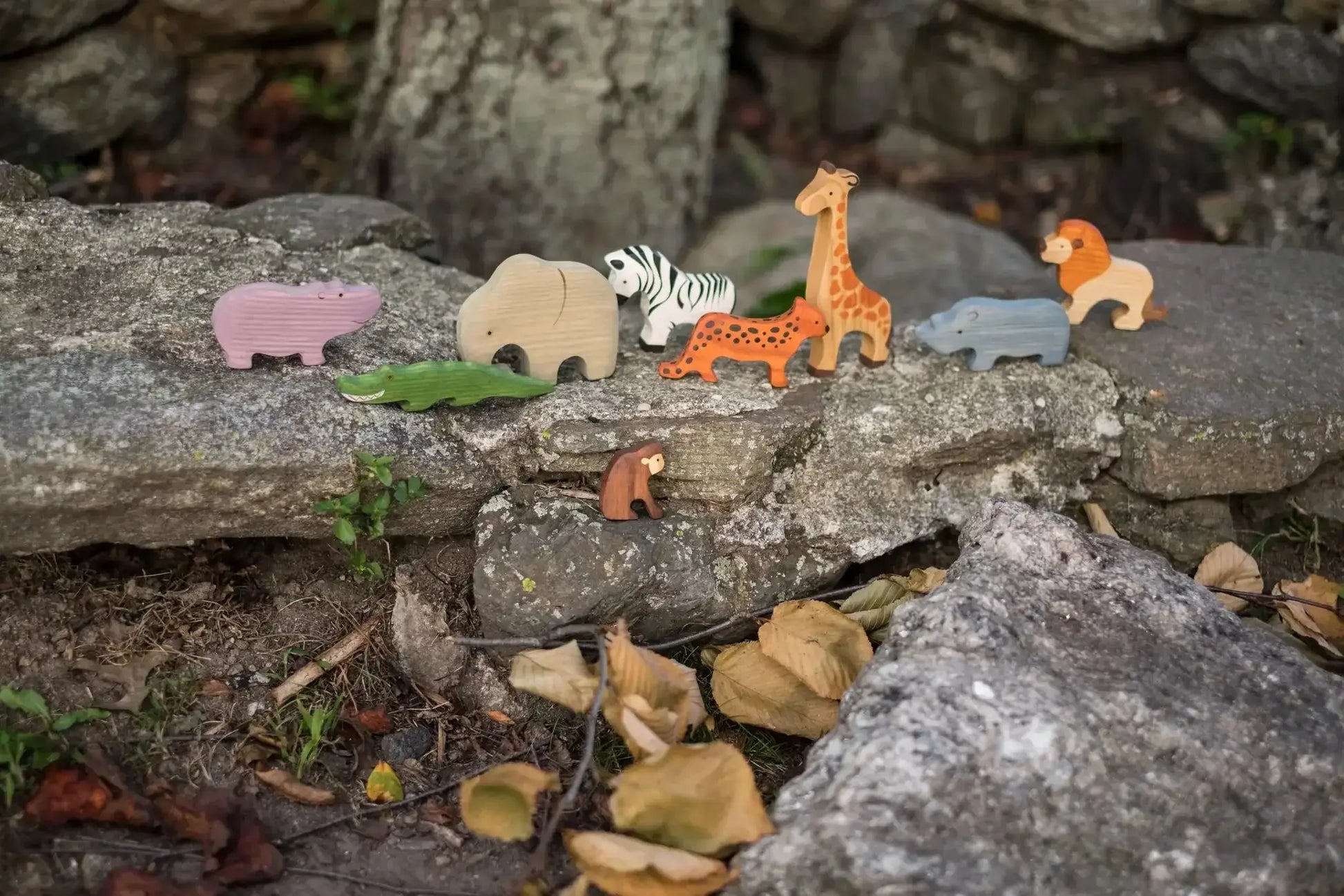 Waldorf Wooden Safari Animals Set Of 9 Hand Painted - ToylandEU