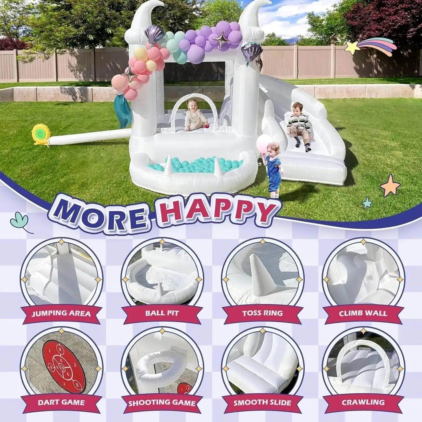  White Bounce House with Blower Kids Ball Pool Family Backyard Bouncy Castle Suitable for Birthday Events Parties Customization -  ToylandEU™