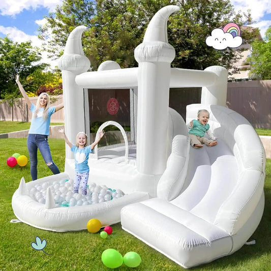 White Bounce House with Blower Kids Ball Pool Family Backyard Bouncy Castle Suitable for Birthday Events Parties Customization - ToylandEU