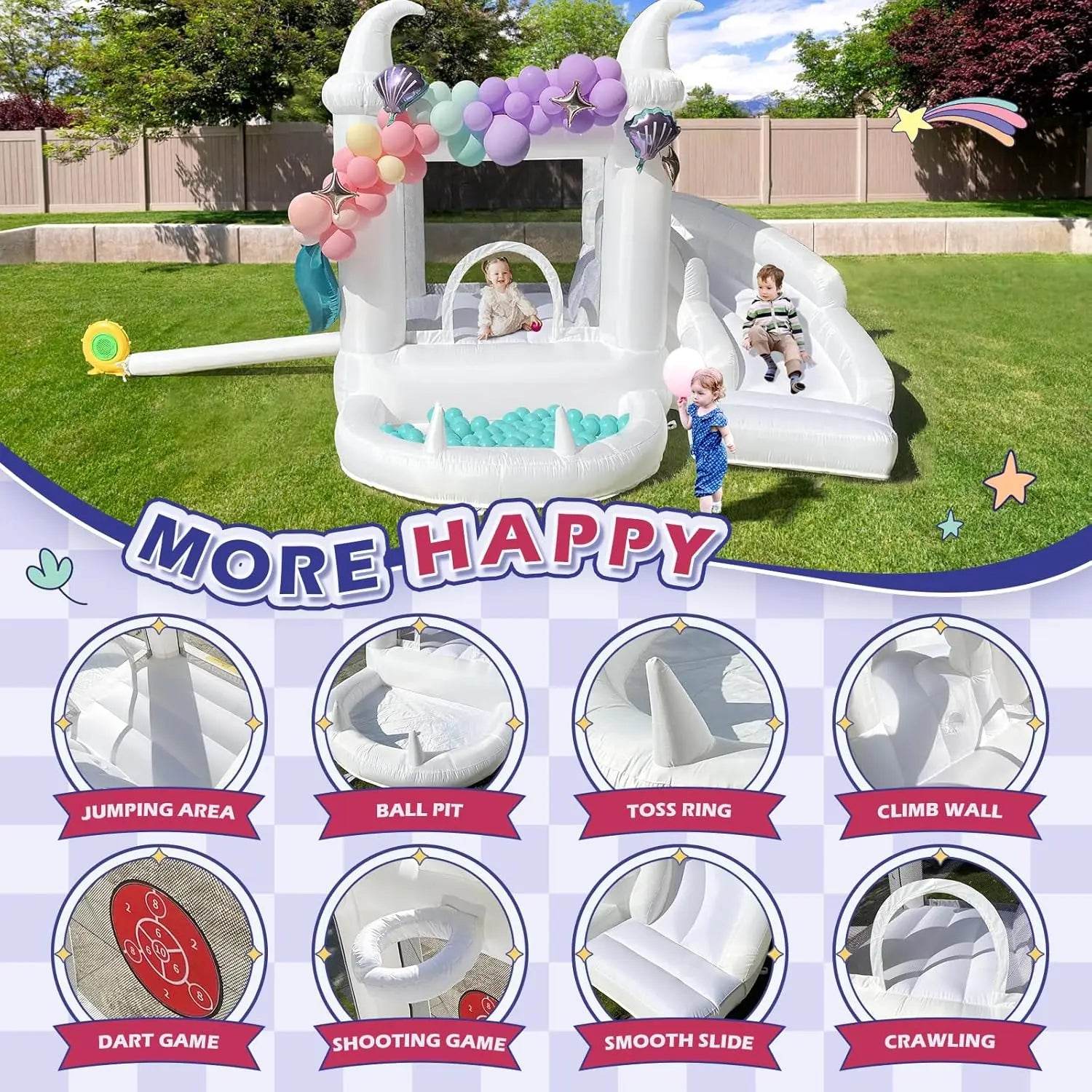 White Bounce House with Blower Kids Ball Pool Family Backyard Bouncy Castle Suitable for Birthday Events Parties Customization - ToylandEU