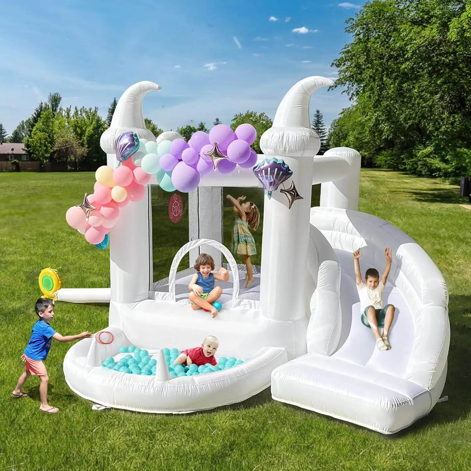 White Bounce House with Blower Kids Ball Pool Family Backyard Bouncy Castle Suitable for Birthday Events Parties Customization - ToylandEU
