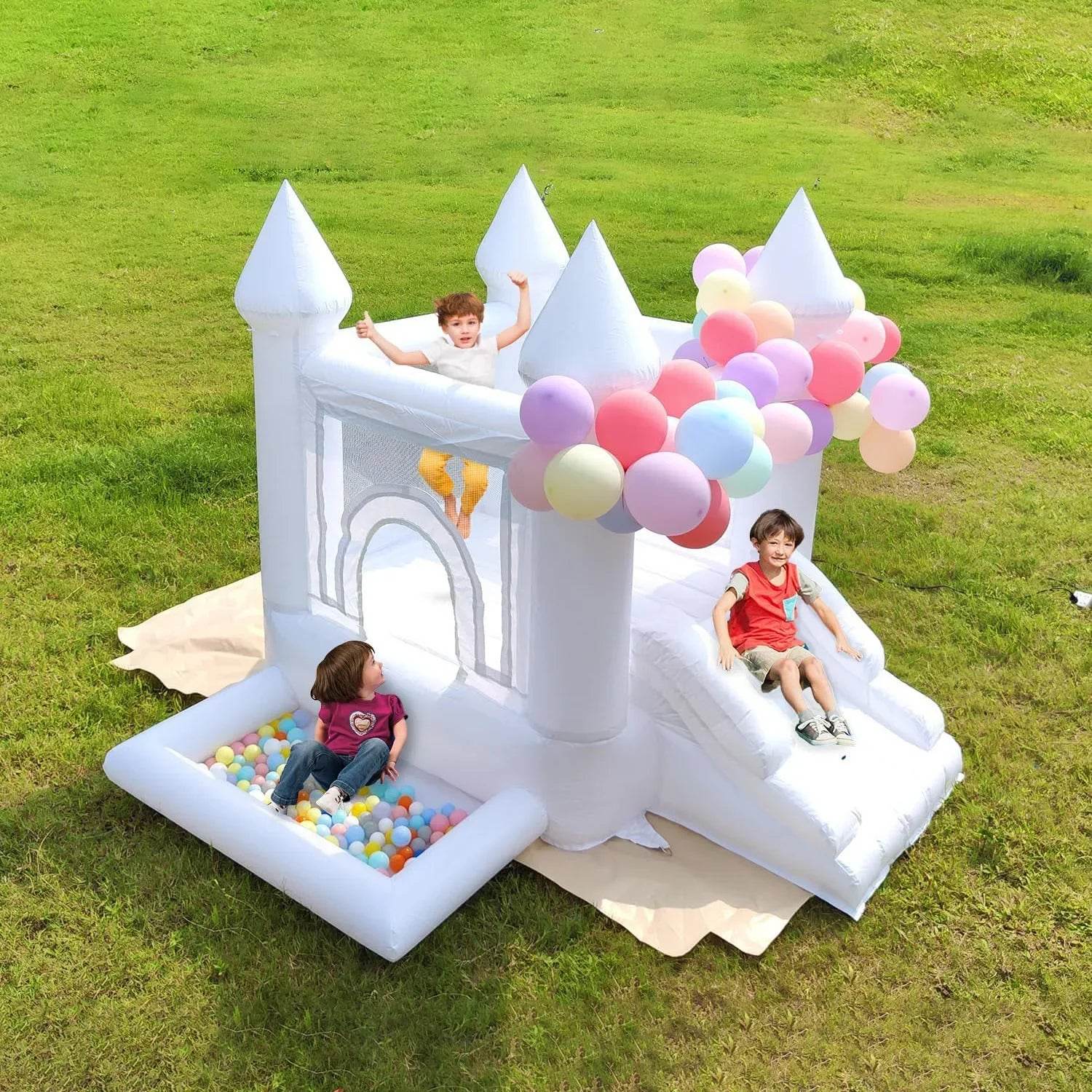 White Inflatable Castle With Blower Trampoline Slide Ball Pit - ToylandEU