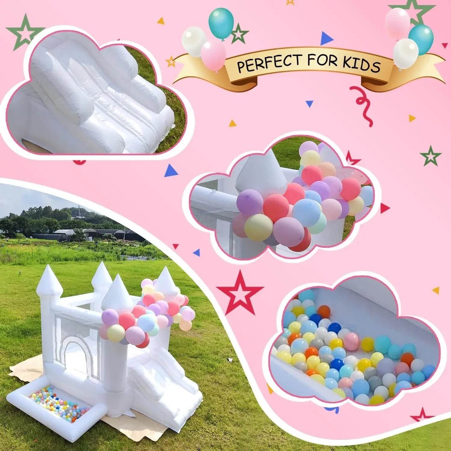 White Inflatable Castle With Blower Trampoline Slide Ball Pit - ToylandEU