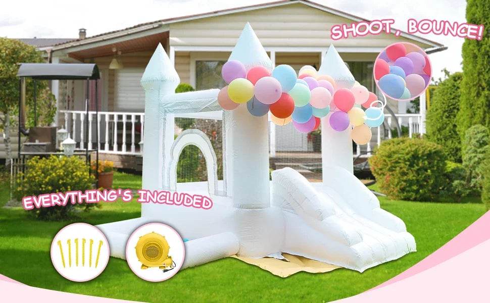 White Inflatable Castle With Blower Trampoline Slide Ball Pit - ToylandEU