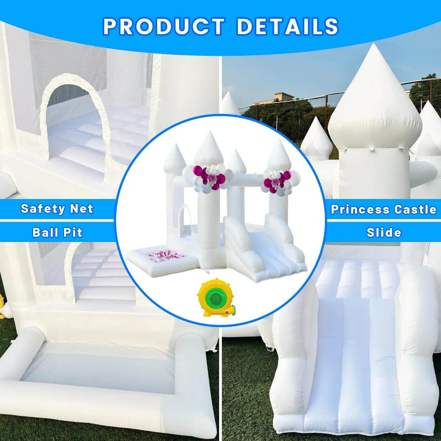 White Inflatable Castle With Blower Trampoline Slide Ball Pit - ToylandEU