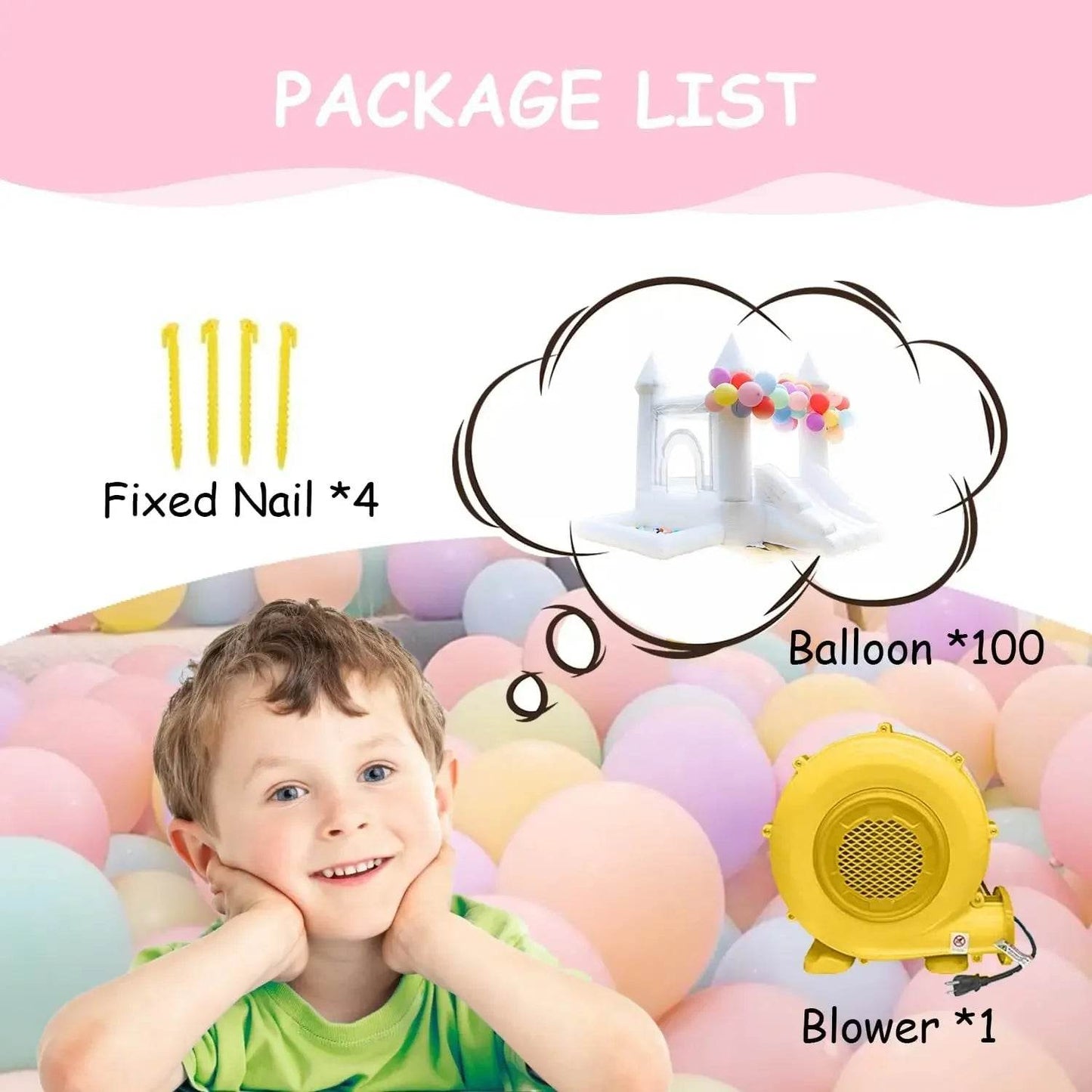 White Inflatable Castle With Blower Trampoline Slide Ball Pit - ToylandEU