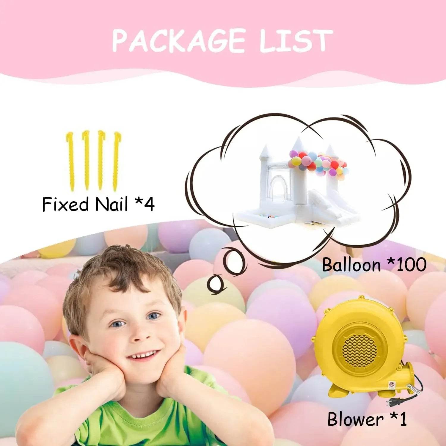 White Inflatable Castle With Blower Trampoline Slide Ball Pit - ToylandEU