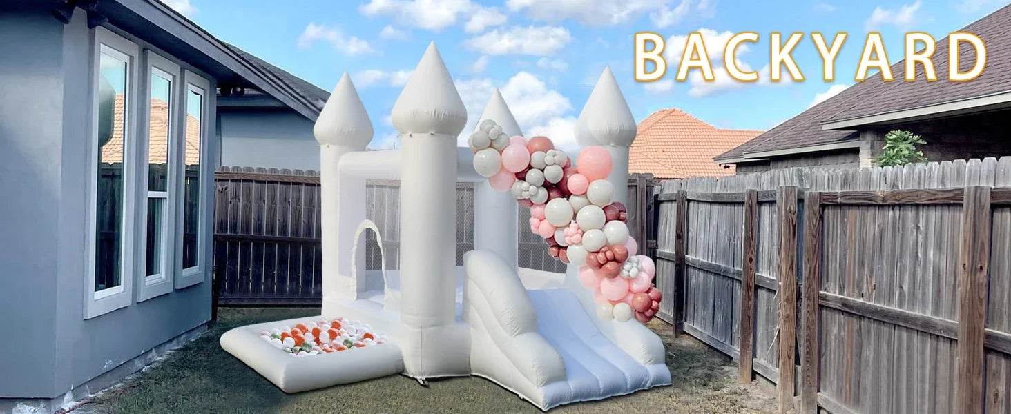 White Inflatable Castle With Blower Trampoline Slide Ball Pit - ToylandEU