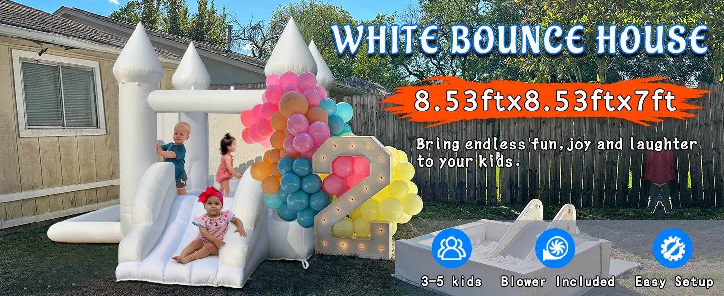 White Inflatable Castle With Blower Trampoline Slide Ball Pit - ToylandEU