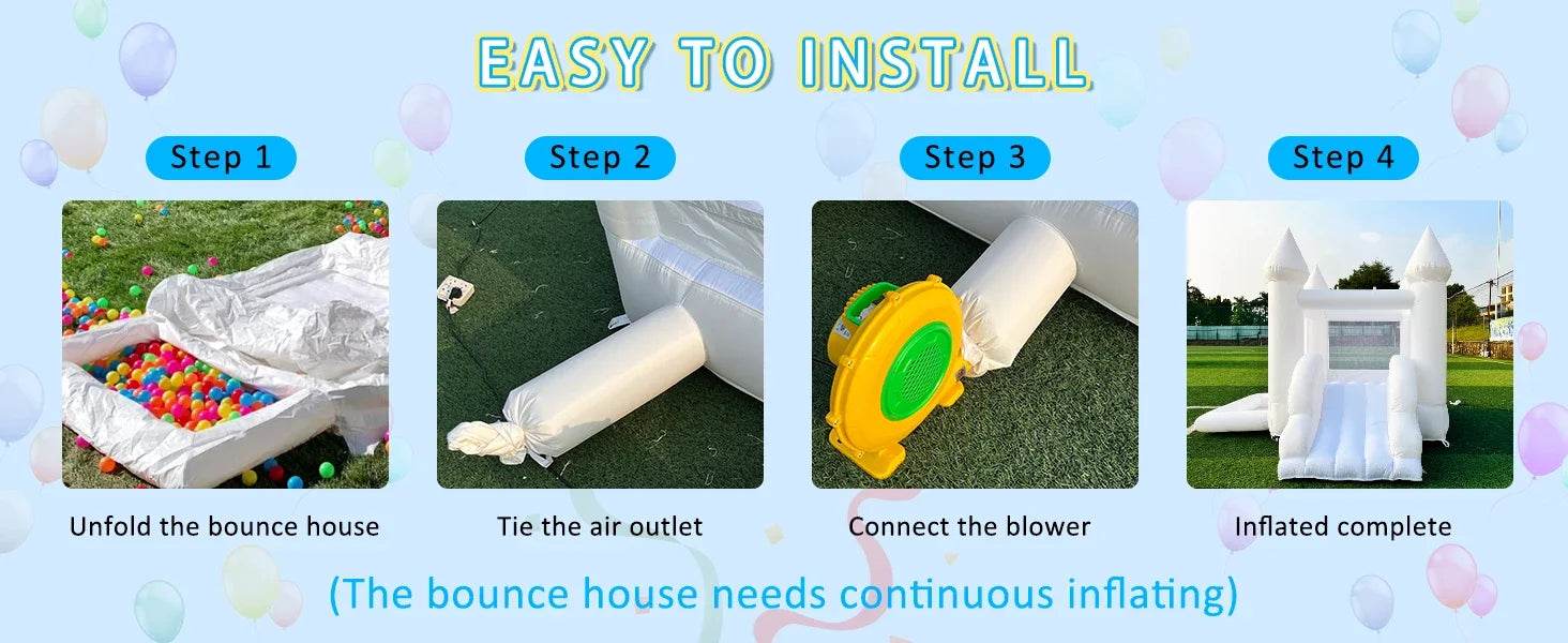 White Inflatable Castle With Blower Trampoline Slide Ball Pit - ToylandEU