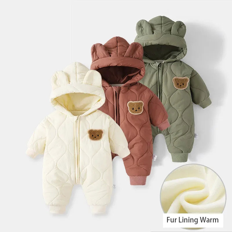 Winter Baby Romper With Fur Lining Hooded Unisex Jumpsuit - ToylandEU