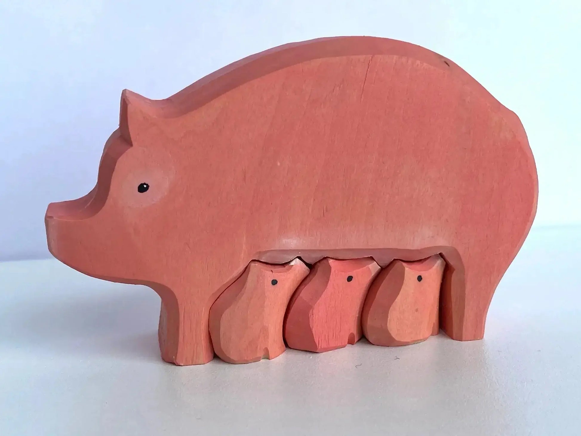 Hand Carved Wooden Pig With Three Piglets Puzzle Set - ToylandEU