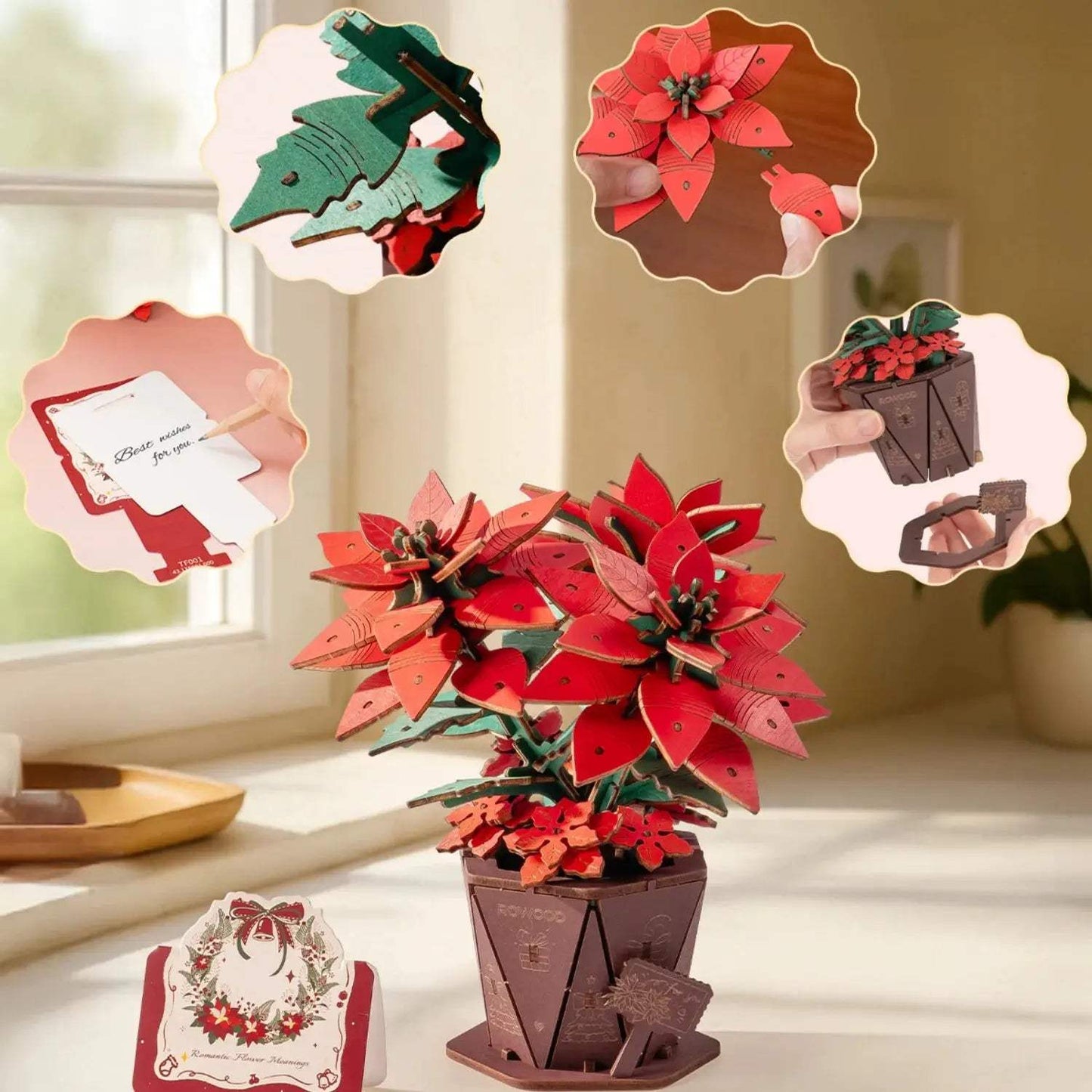  Wooden 3D Poinsettia Puzzle Kit Home Decor Premium -  ToylandEU™
