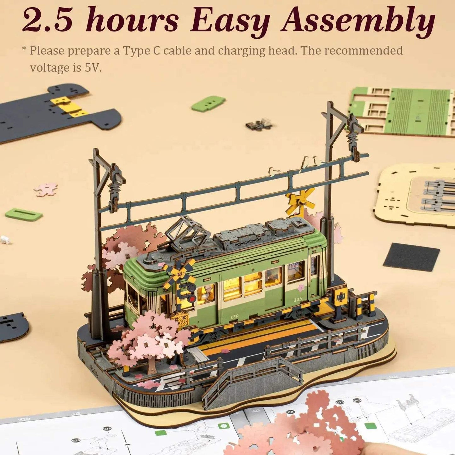 Wooden 3D Puzzle Sakura Tram LED Light Decor Gift -  ToylandEU™