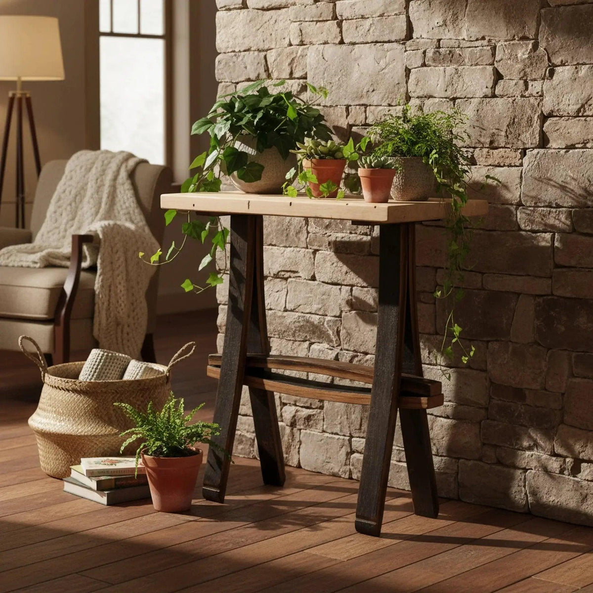  Rustic Wooden Accent or End Table with Wormy Maple Top and Barrel Stave Legs -  ToylandEU™