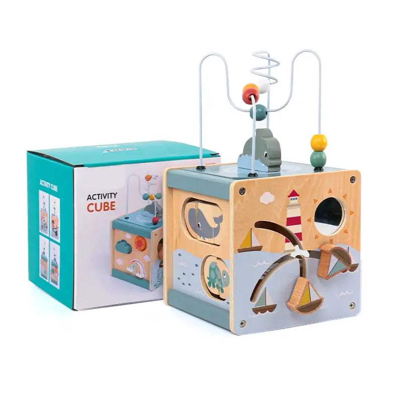 Wooden Activity Cube FiveInOne Bead Maze Montessori Toy - ToylandEU