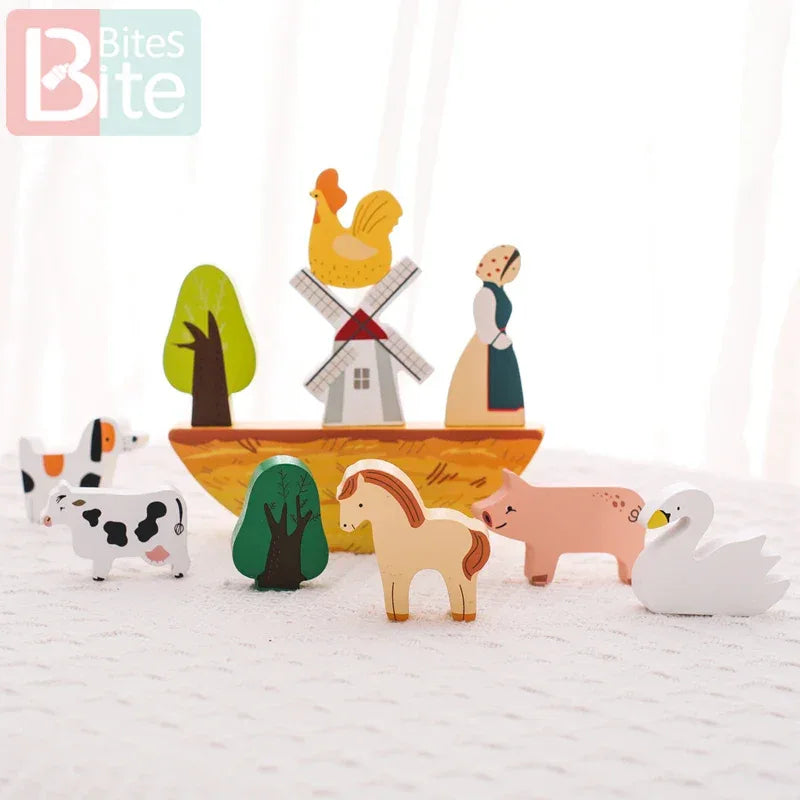 Wooden Baby Farm Stacking Blocks Toy Cow Animal Balance Educational Toy For Preschoolers - ToylandEU