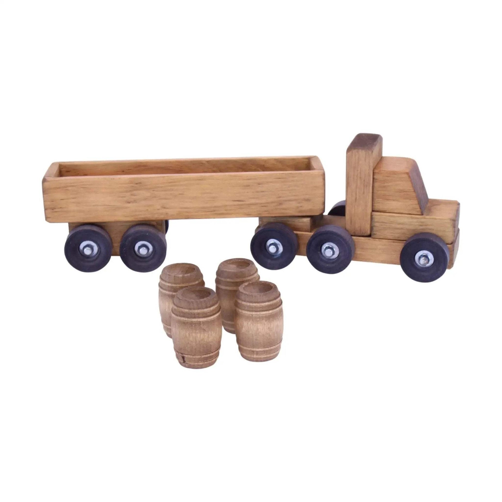 Wooden Barrel Truck Toy With Removable Wood Barrels, Child-Safe Harvest Stain Finish - ToylandEU
