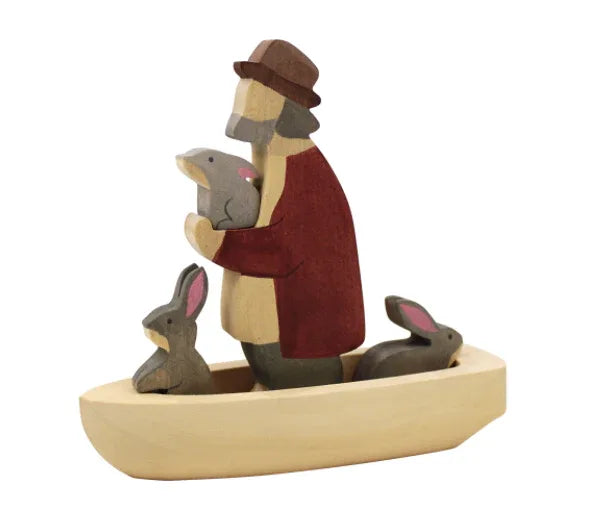 Handmade Wooden Boat Set With Grandpa And Bunny Figurines - ToylandEU