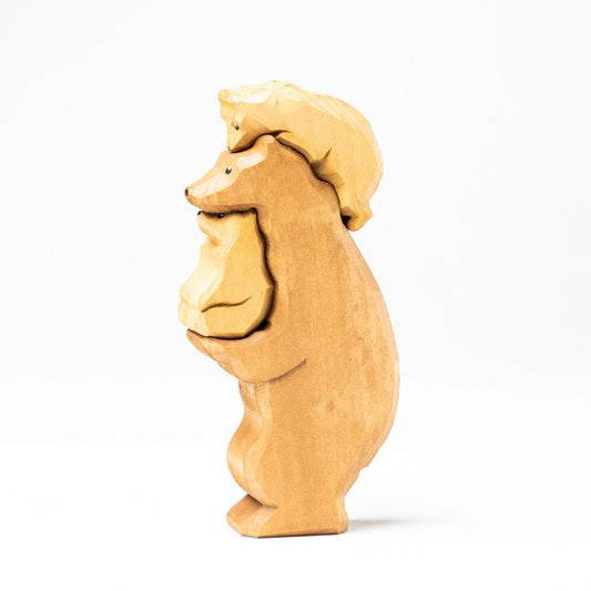 Wooden Brown Bear Figurines Set With Cubs Hand Painted - ToylandEU