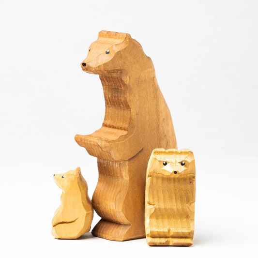 Wooden Brown Bear Figurines Set With Cubs Hand Painted - ToylandEU