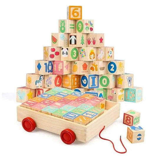  Wooden Building Blocks For Toddlers Alphabet With Wagon -  ToylandEU™