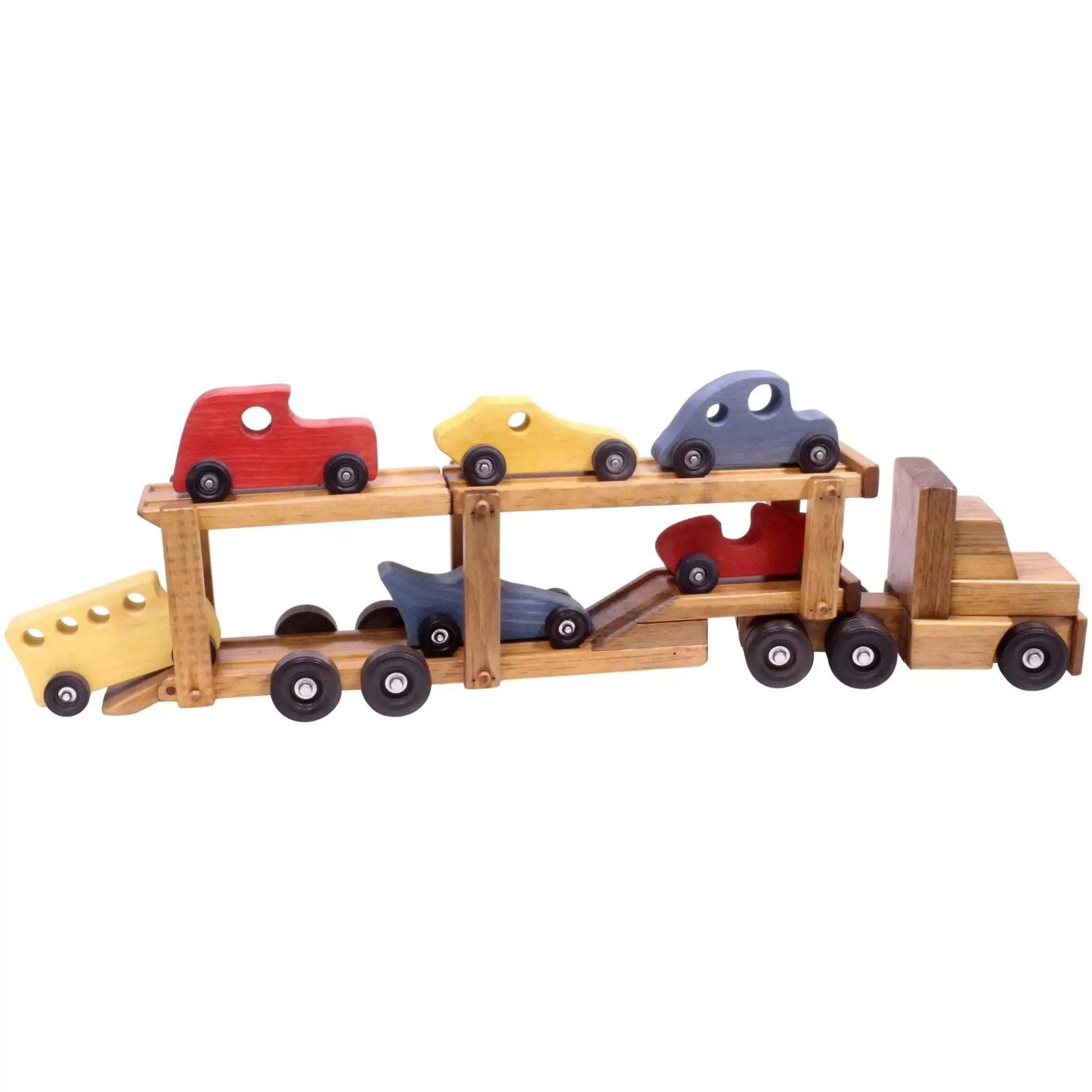 Wooden Car-Carrier Semi Truck and Trailer Toy Set with 6 Cars - ToylandEU