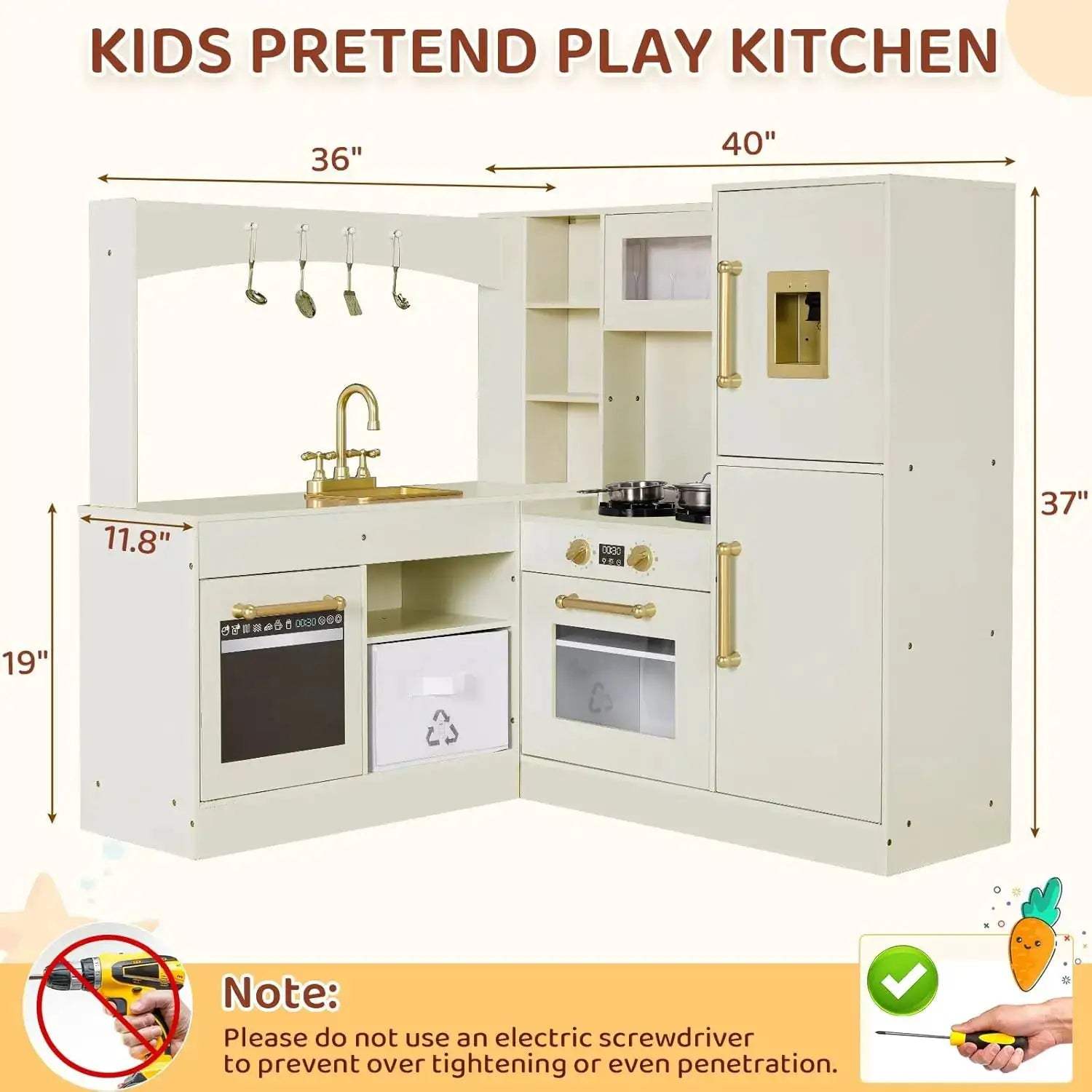  Wooden Corner Play Kitchen for Kids with Refrigerator -  ToylandEU™