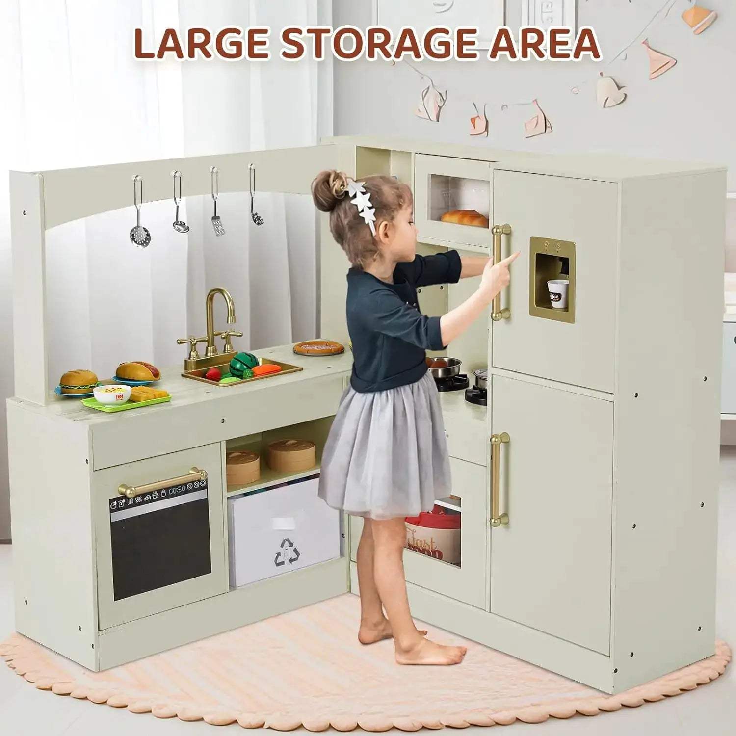  Wooden Corner Play Kitchen for Kids with Refrigerator -  ToylandEU™