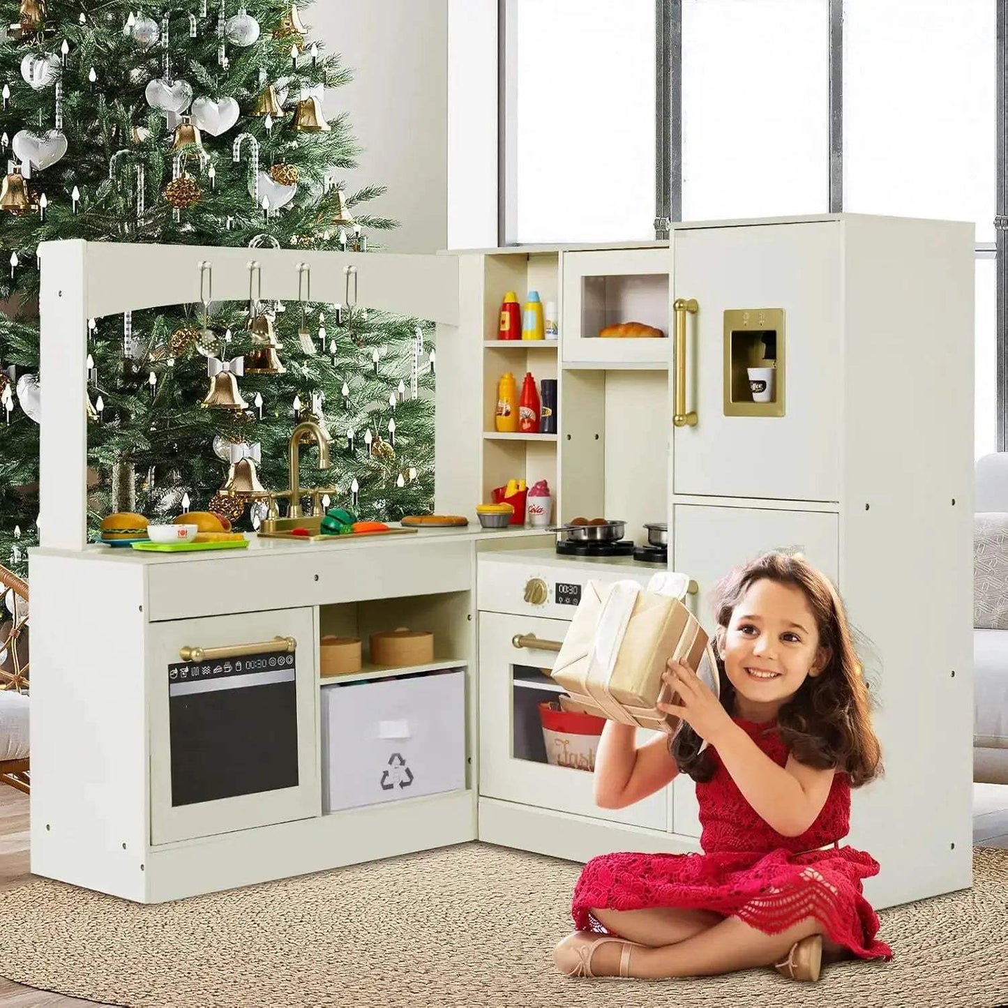  Wooden Corner Play Kitchen for Kids with Refrigerator -  ToylandEU™