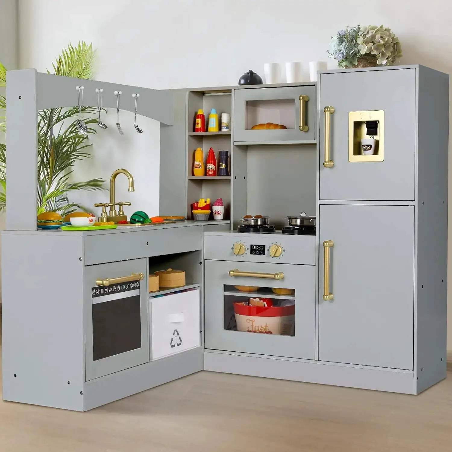  Wooden Corner Play Kitchen for Kids with Refrigerator -  ToylandEU™