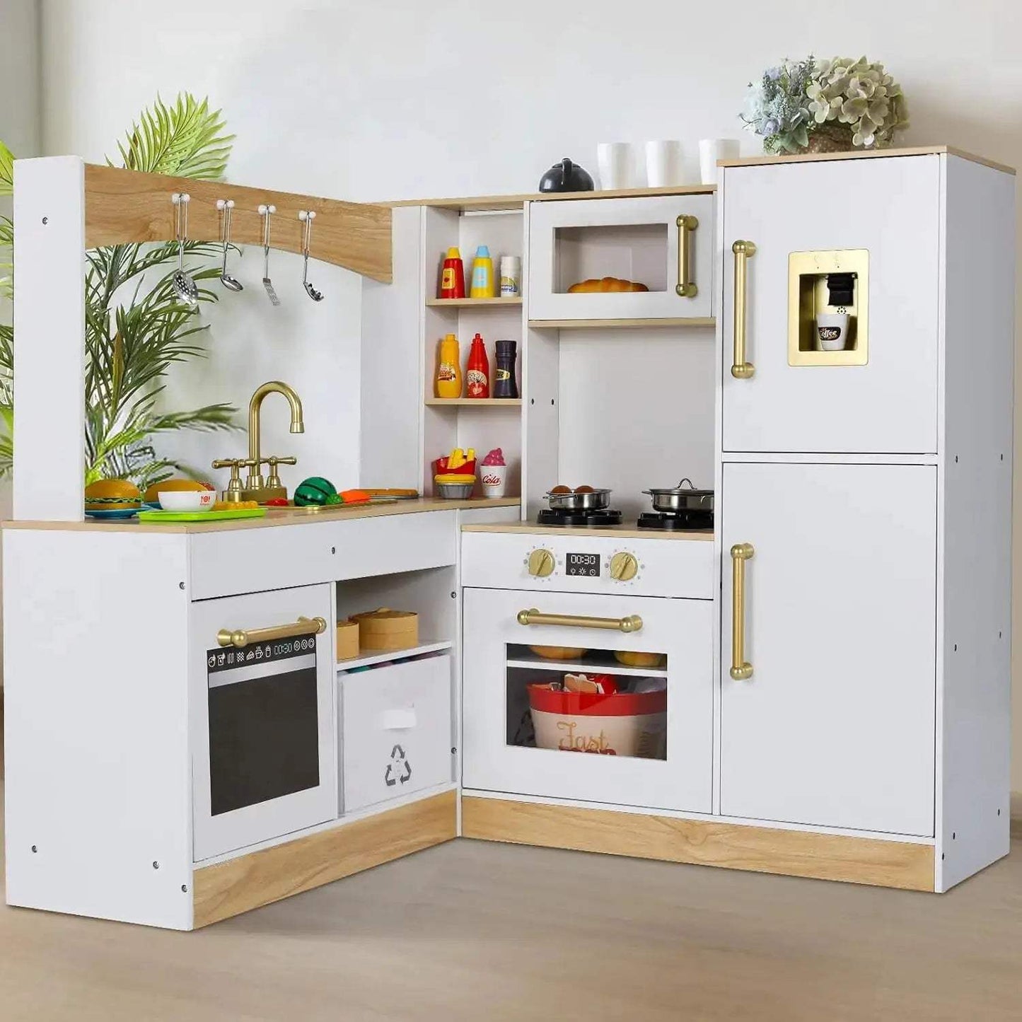  Wooden Corner Play Kitchen for Kids with Refrigerator -  ToylandEU™