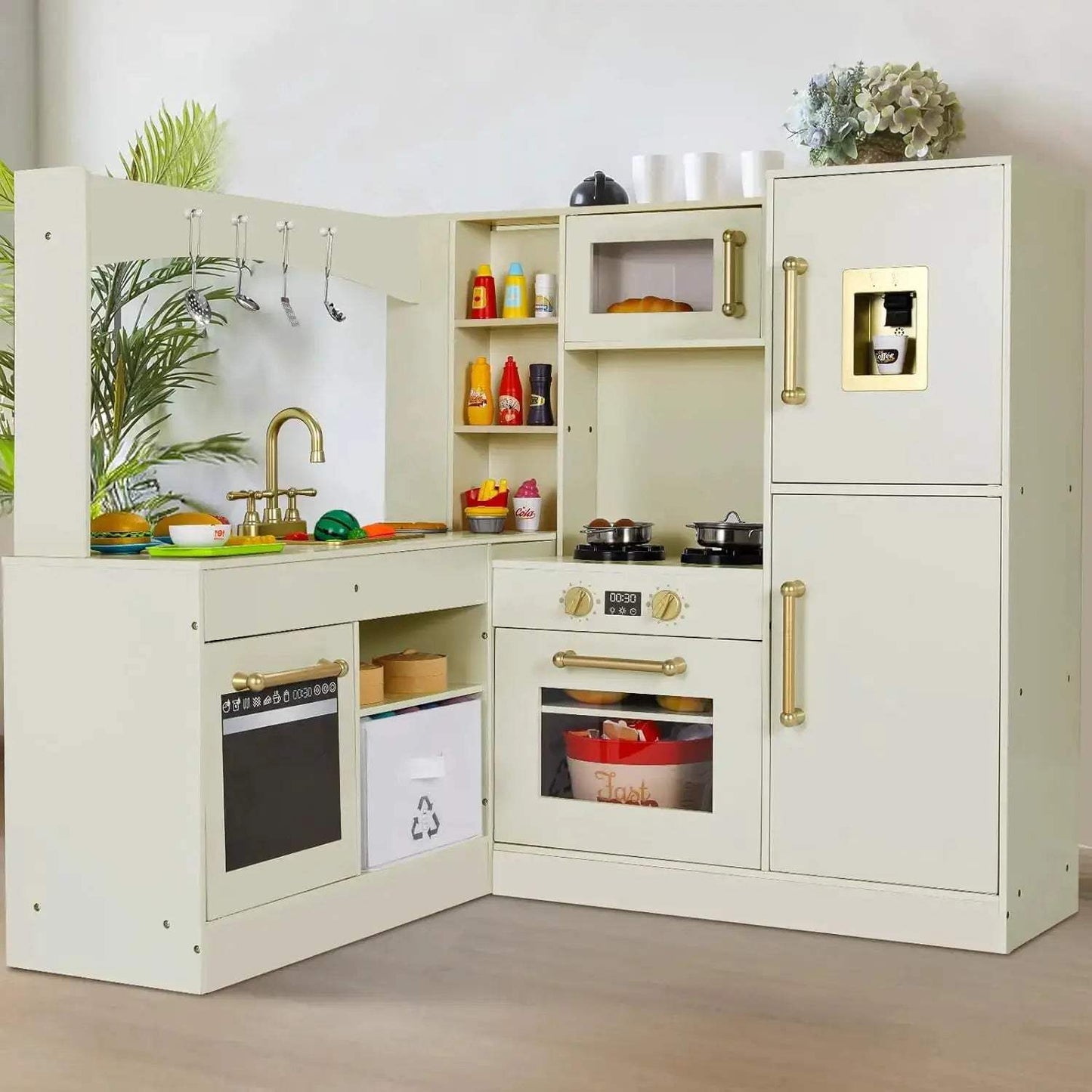  Wooden Corner Play Kitchen for Kids with Refrigerator -  ToylandEU™
