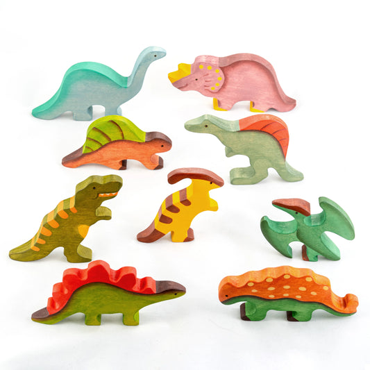Handmade Painted Wooden Dinosaur Toy Set With Natural Paint - ToylandEU