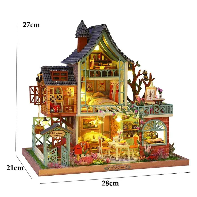 Wooden Doll House 3D Puzzle Kit With Lighting And Furniture - ToylandEU