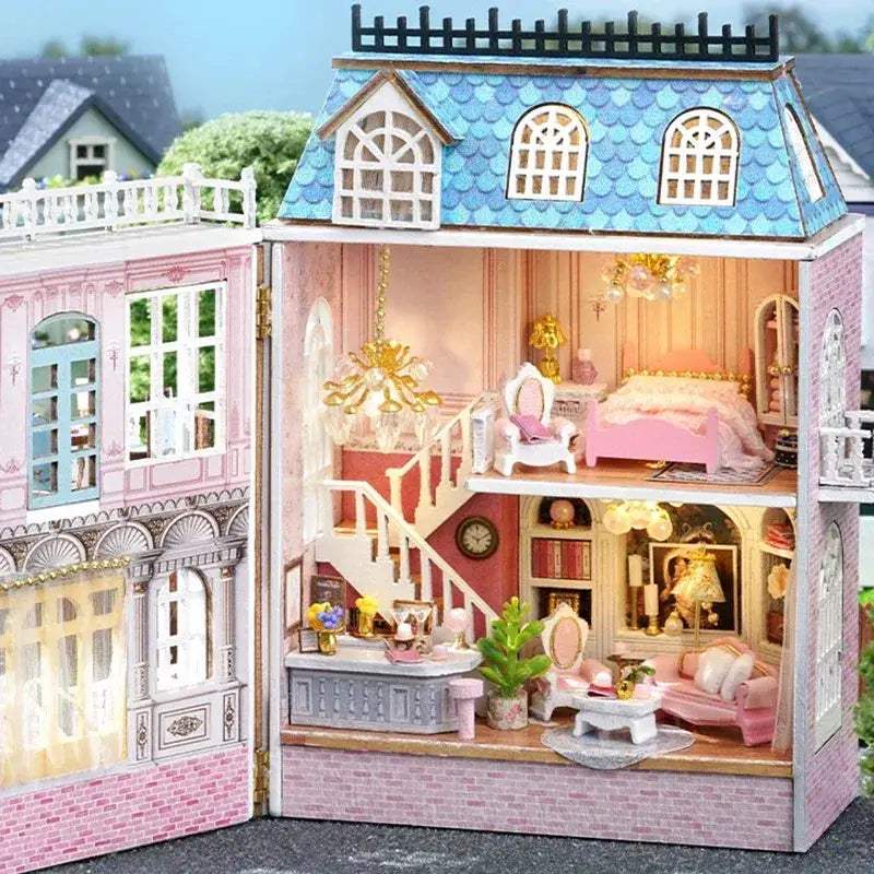 Wooden Dollhouse With Lighted Furniture For Girls Premium - ToylandEU