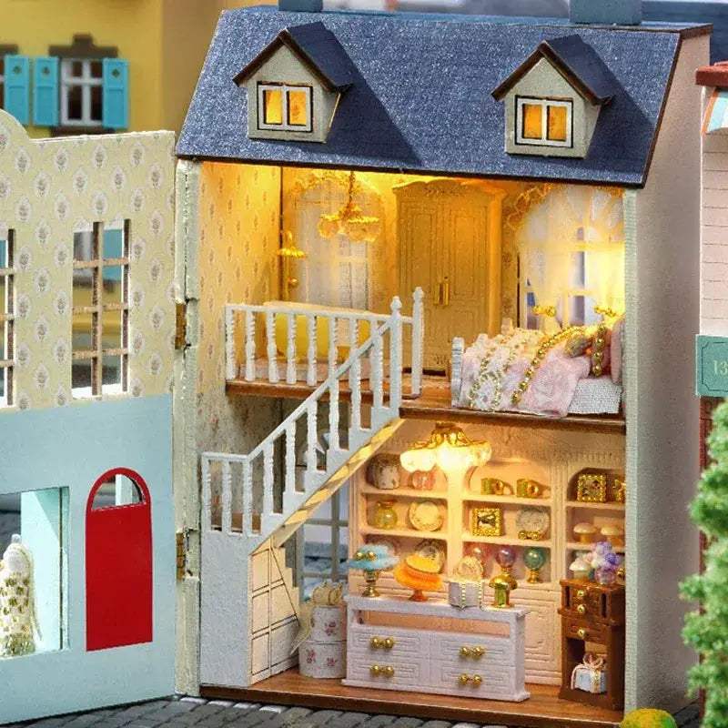 Wooden Dollhouse With Lighted Furniture For Girls Premium - ToylandEU
