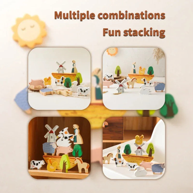 Wooden Farm Stacking Toy Cow Balance Building Blocks For Kids Educational Wooden Toy Gift - ToylandEU