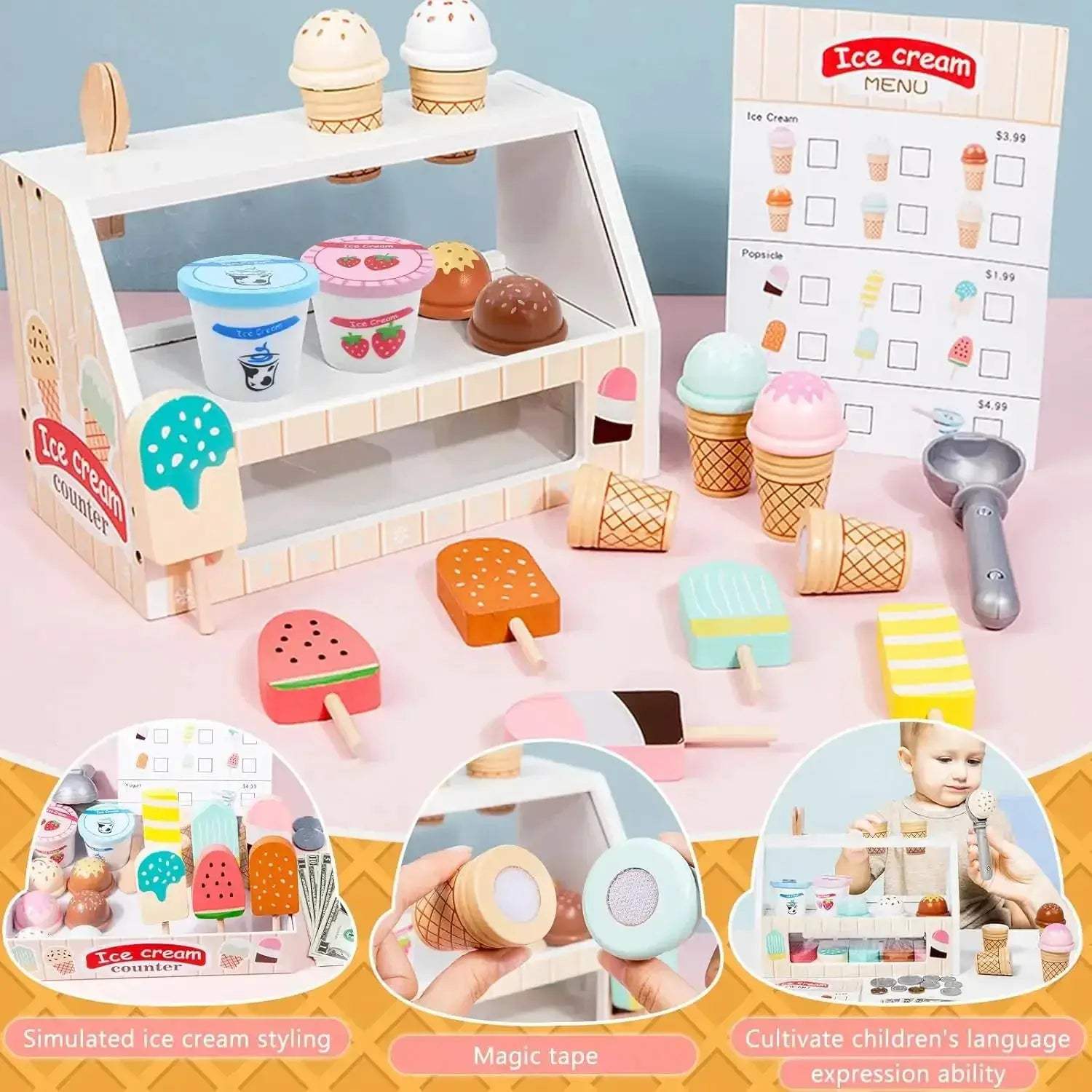 Wooden Ice Cream Counter Playset With Coin Role Play - ToylandEU