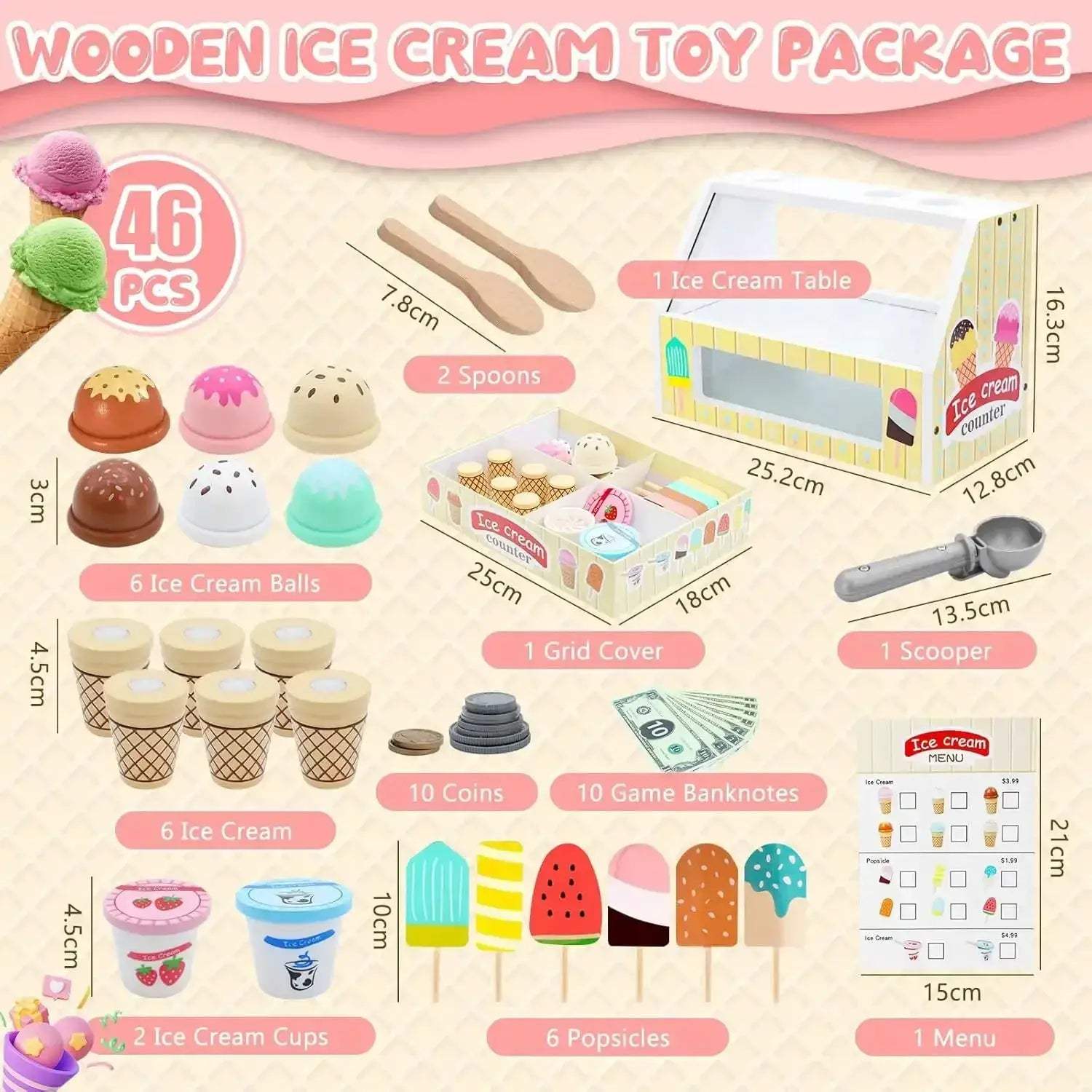 Wooden Ice Cream Counter Playset With Coin Role Play - ToylandEU