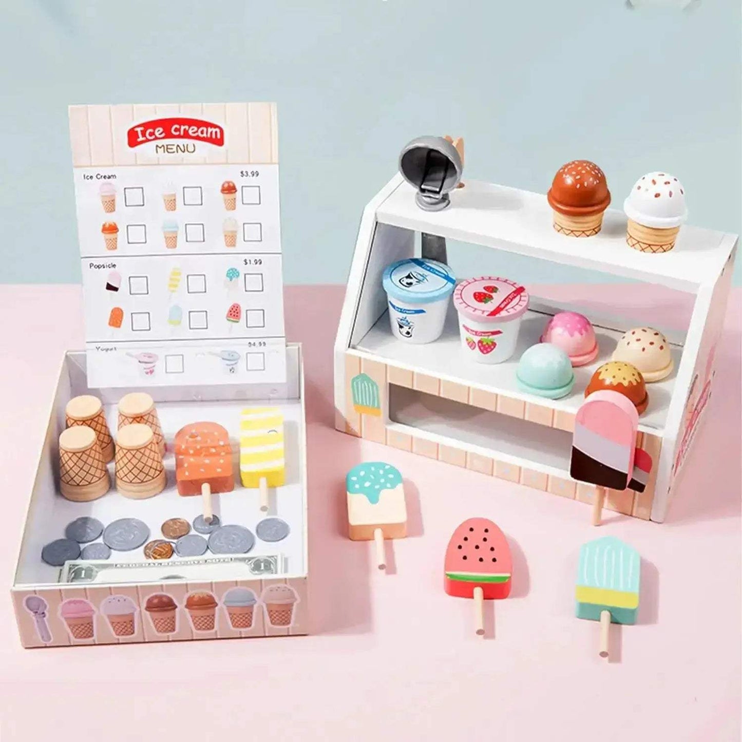 Wooden Ice Cream Counter Playset With Coin Role Play - ToylandEU