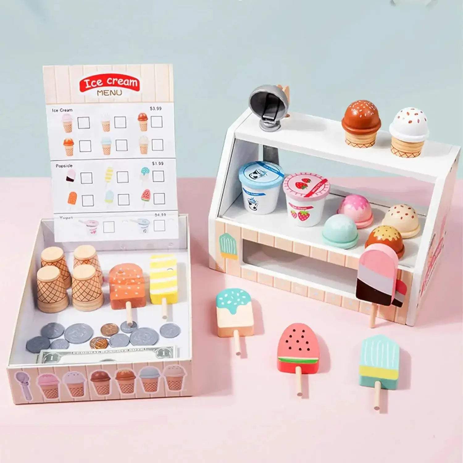 Wooden Ice Cream Counter Playset With Coin Role Play - ToylandEU