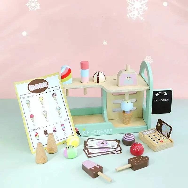 Wooden Ice Cream Counter Playset With Coin Role Play - ToylandEU