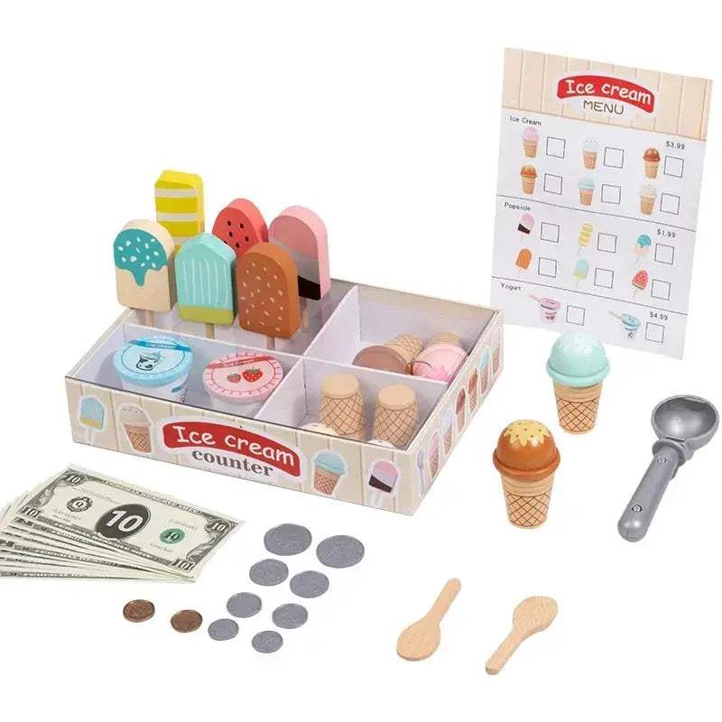 Wooden Ice Cream Counter Playset With Coin Role Play - ToylandEU